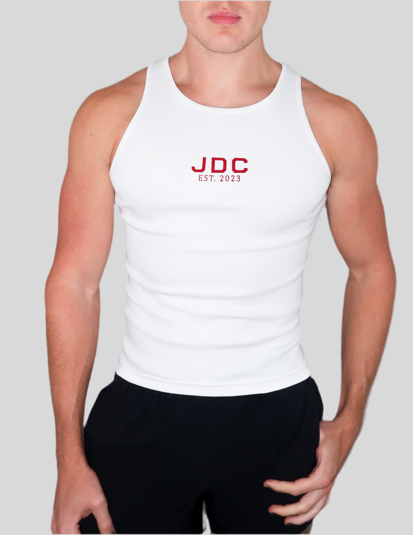 White Ribbed Cotton JDC Logo Tank Top