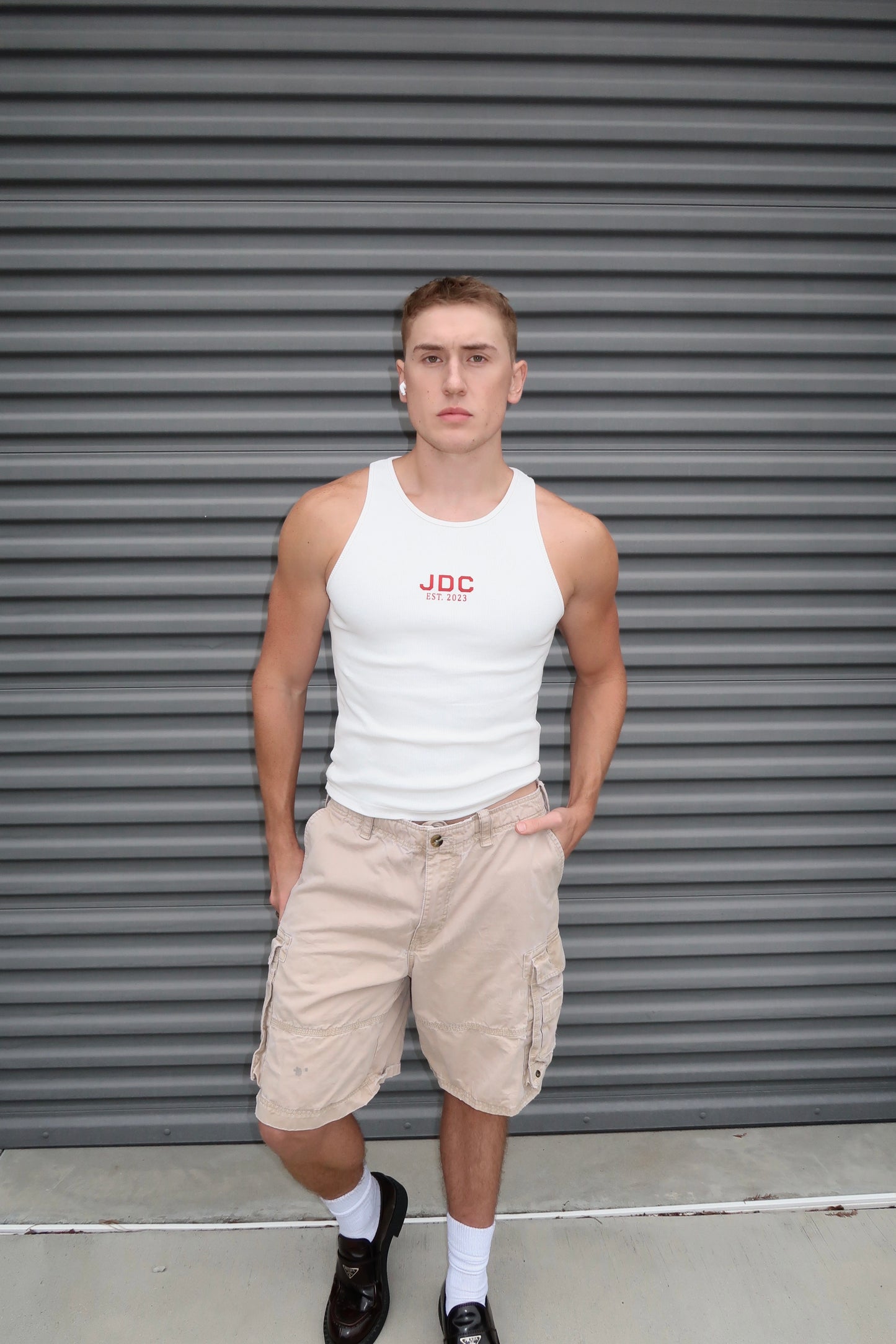 White Ribbed Cotton JDC Logo Tank Top