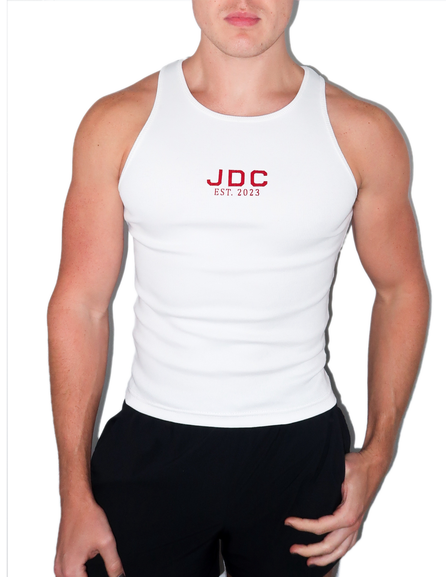 White Ribbed Cotton JDC Logo Tank Top